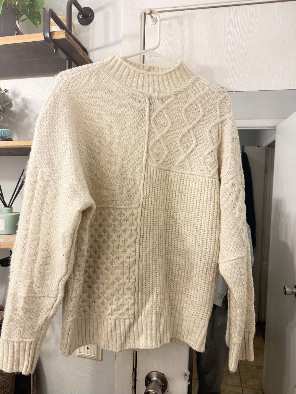 American Eagle Outfitters Cream Cable & Patchwork Mock Neck Sweater